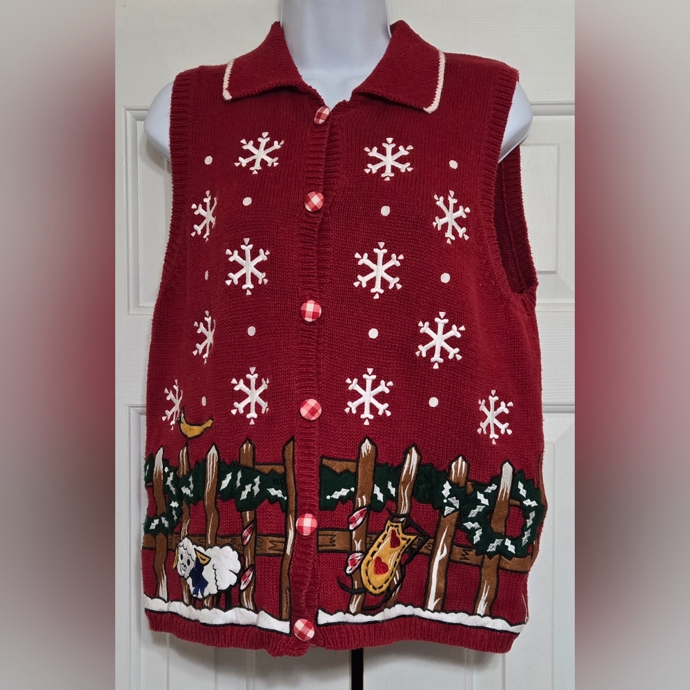 Vtg Jason Maxwell Christmas Sweater Vest Red Snowflake Sheep Fence Sled Medium